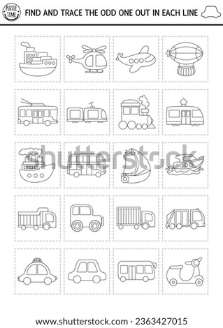 Find the odd one out. Transportation black and white logical activity for kids. Water, air, land, public transport educational quiz worksheet, coloring page. Printable game with car, bus, train, tram Royalty-Free Stock Photo #2363427015