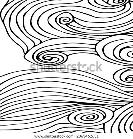 Simple minimalist wave pattern. Hand drawn graphic line art. Modern abstract  landscape. Monochrome black and white curly doodles
