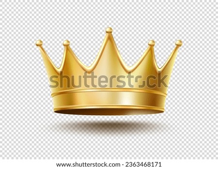 Realistic golden king or queen crown of gold, vector isolated 3D. Prince or princess crown for royal luxury imperial emblem or award, Medieval monarch or emperor golden crown of royalty treasure