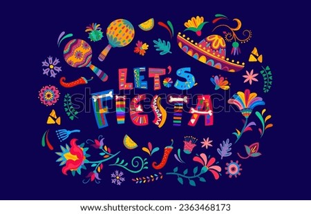 Mexican fiesta banner with sombrero, maracas and flowers for Mexico festival, vector background. Mexican holiday celebration poster with sombrero, chili pepper and bone lettering in flowers frame