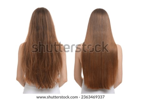 Woman before and after hair treatment on white background, back view. Collage showing damaged and healthy hair Royalty-Free Stock Photo #2363469337