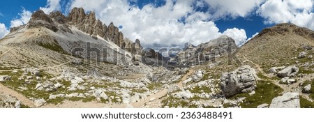 Valley Val Travenanzes and rock face in Tofane gruppe, Mount Tofana de Rozes, Alps Dolomites mountains, Fanes national park, Italy Royalty-Free Stock Photo #2363488491