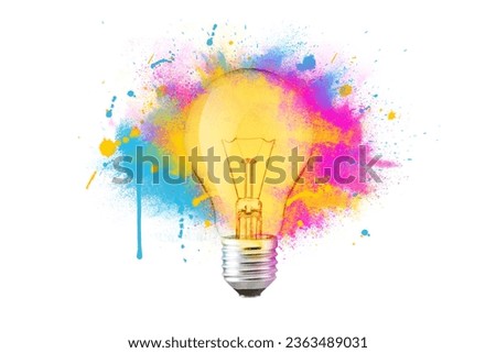 Creative colorful light bulb explosion with blue, yellow and pink splash on a white background, creativity idea. Light bulb and paint, concept. Think different. Paint with splashes