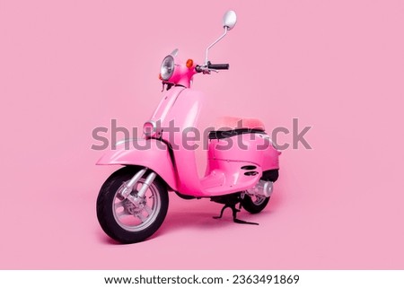 Photo of nice women's transport new bike motorcycle model for barbie dolls french style isolated on pink color background
