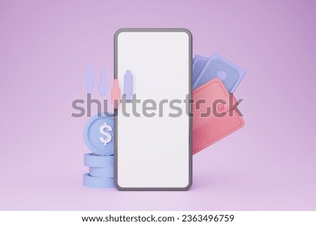 Smartphone with white empty screen, wallet, dollar sign and money cash on purple background, 3D illustration, mockup, copy space. Modern technologies and banking, easy shopping concept, collage