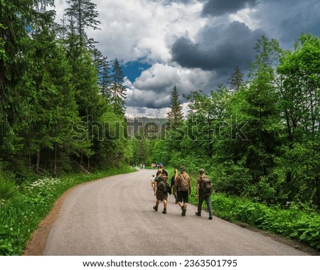 Tourists with backpacks hiking on a winding road in the forest in the Polish Tatras National Park on a cloudy cloudy day. Hiking, nature, adventure and travel concept