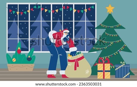Santa Claus in sunglasses sneaking with gift sack, flat vector illustration. Funny Christmas character. Secret Santa concept. Winter holiday celebration. Room with decorated tree.