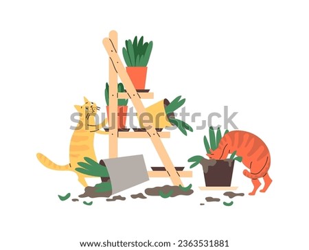 Cats left unattended make a mess and break pots of indoor plants, flat cartoon vector illustration isolated on white background. Naughty pets home alone.