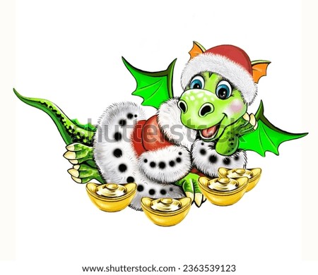 Funny dragoness in Santa costume with gold bars, symbol of 2024 on Chinese calendar, Merry Christmas and Happy New Year greeting card, isolated character on white background