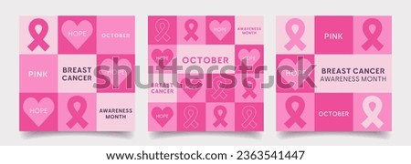 Breast Cancer Awareness Month. Set of vector greeting cards, banners, posters, covers. Trendy design with pink ribbons, heart and typography. Modern geometric minimalist style.