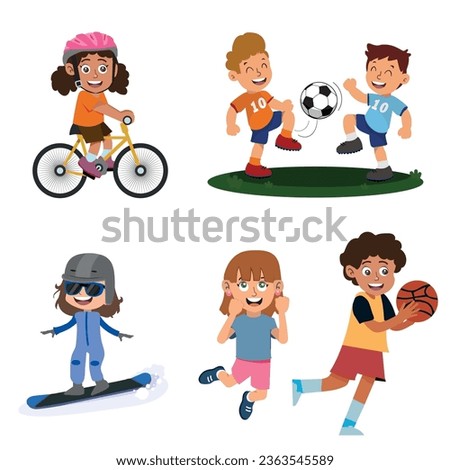 set of children playing sports, boys and girls doing physical activities. cycling, football, jumping, snowboarding and basketball. Vector illustration.
