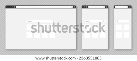 Blank web browser window with tab, toolbar and search field. Modern website, internet page in flat style. Browser mockup for computer, tablet and smartphone. Vector illustration Royalty-Free Stock Photo #2363551885