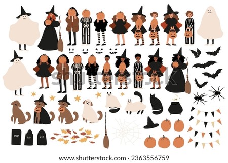 Halloween party clipart, Characters in costume vector illustration, Cute october festival scene poster print, Flat style images, kids witch ghost skeleton pet cat dog clip art