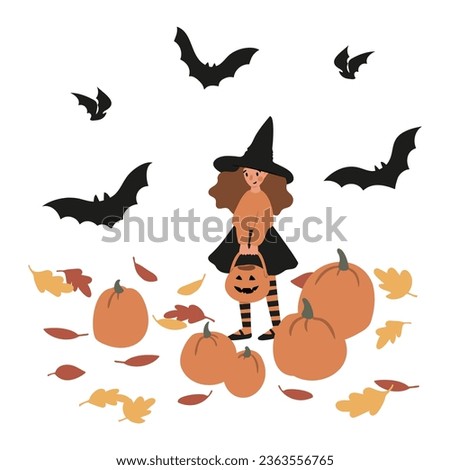 Halloween vector illustration with characters and pets in costumes, October festival scenes, Outdoor party flat style images clipart, digital download, black kids witch ghost skeleton cat dog clip art