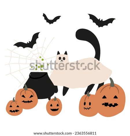 Halloween vector illustration with characters and pets in costumes, October festival scenes, Outdoor party flat style images clipart, digital download, black kids witch ghost skeleton cat dog clip art