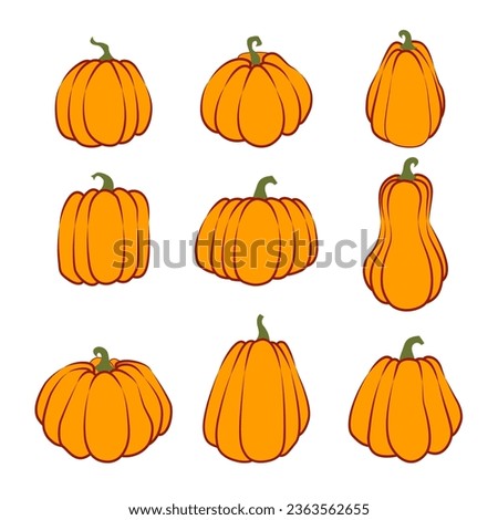 set of hand drawn pumpkins with thick outline. Cartoon pumpkins, halloween squash, fall harvest gourds. Autumn thanksgiving and halloween pumpkins.Vector flat illustration isolated on white background