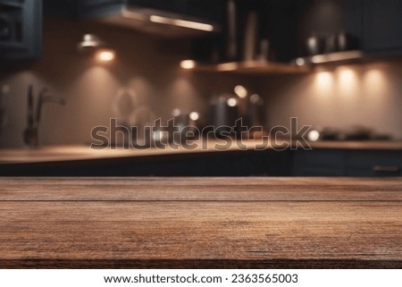 Beautiful natural wooden table with kitchen background Royalty-Free Stock Photo #2363565003