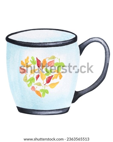 Beautiful cup. Hot drink. Autumn decor, autumn mood, cozy home. Watercolor element for the design of cards, invitations, posters, stationery. Harvest Festival, Thanksgiving.
