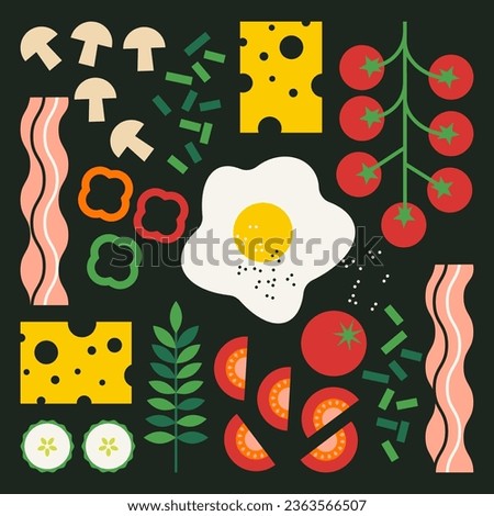 Breakfast food collection. Good morning poster. Top view. Fried egg, bacon, tomatoes, veggies, cheese, mushrooms. Flat trendy abstract vector illustration. Isolated elements on black background.