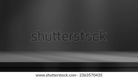 Black abstract table stage with light beams and shadows, empty stage podium for products placement and design. Royalty-Free Stock Photo #2363570435