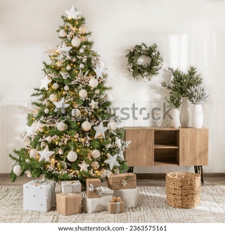 Christmas Living Room, Featuring an Artificial Christmas Tree Adorned with White Spheres and Stars, Alongside Garlands and Gift Boxes, Next to a Wooden Credenza, Natural Light