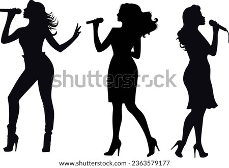 This is a set of super star women singers, silhouettes performing, vector of artist singing in karaoke, and showing their talent, this figuration is isolated in white background
