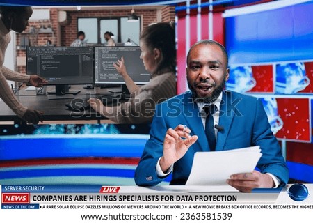 Journalist talks of data protection growth among big companies, news reportage about IT programming industry jobs. African american man presenter covering technology newscast, tv host.