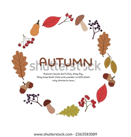 Hand drawn border frame illustration background with fall season concept. Border with maple leaves, mushrooms, berries, acorns, rose hips and viburnum.