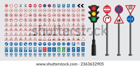 Set of road signs and traffic light vectors. Traffic signs collection. Signs of danger, mandatory, obligations, animal crossing and alerts. Supplementary and routing table. Traffic signs Vector.
