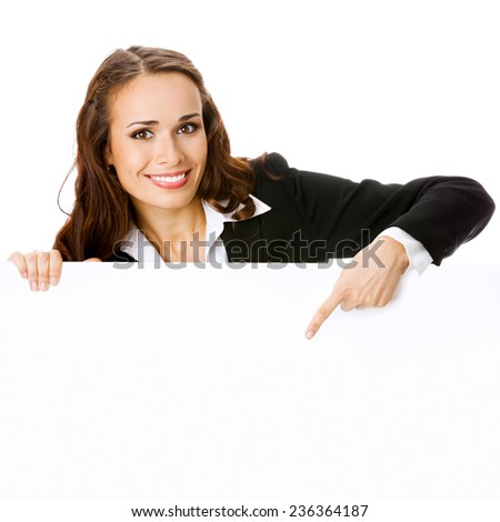 Young businesswoman showing blank signboard with copyspace area, isolated against white background