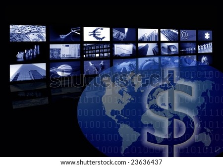 Business corporate, world map, multiple screen. Metaphor mixing photo and illustration in blue color [Photo Illustration]