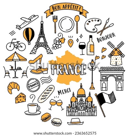 Simple and cute illustration set related to France (yellow)
