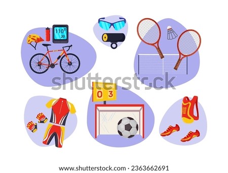 Sports uniform and equipment vector illustrations set. Collection of cartoon drawings of badminton rackets and shuttlecock, soccer ball and goal, cycling elements. Sports, active lifestyle concept
