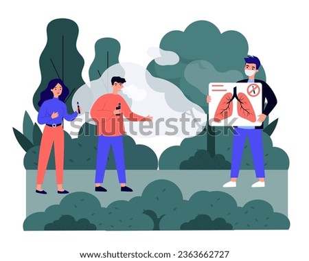 Activist showing image of healthy lungs to people with vapes. Man and woman vaping in park, harm of vapes for environment and health vector illustration. Vaping, health, nature, ecology concept