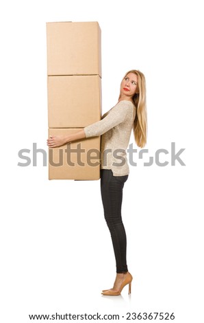 Woman with boxes relocating to new house isolated on white