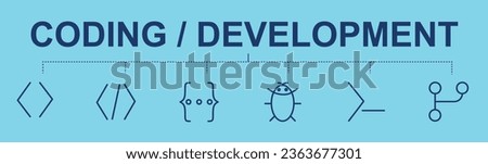 Coding and Development concept banner with commonly used symbol incorporated as editable stroke used for web and print