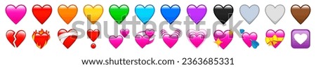 Heart Emojis set. Sparkling, growing, two Hearts, beating, revolving, broken, mending, heart exclamation, red, orange, yellow, green. iOS emoji. iPhone emoji. WhatsApp. Royalty-Free Stock Photo #2363685331