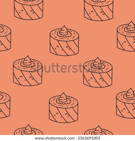 Seamless pattern with sushi in doodle style. Sushi in line style. Cute doodler rolls. Vector illustration.