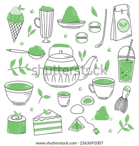 Matcha tea. Vector set of organic tea matcha powder, tea leaves, teapot, macarons, spoon, traditional cup, whisk, tools for Japanese ceremony. Matcha green tea ceremony. Doodle style.
