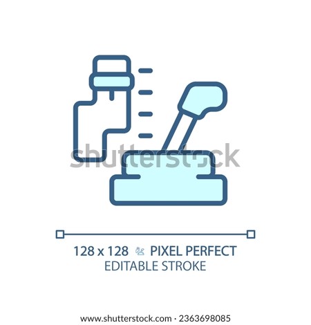 2D pixel perfect editable blue car gear box icon, isolated vector, thin line illustration representing car service and repair.