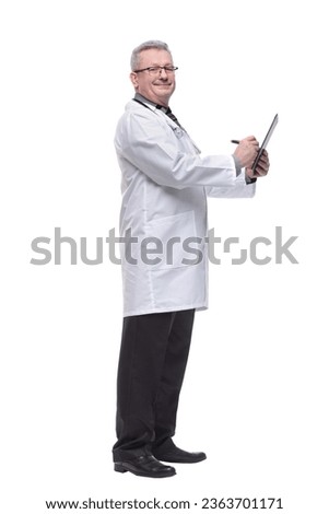 Side view of male doctor whit a clipboard isolated on white background Royalty-Free Stock Photo #2363701171