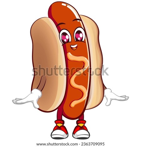 Cute happy hot dog mascot is in love with his eyes drawn pink hearts. Isolated vector flat cartoon character illustration design