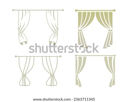 Curtains for window. Set of vector icons in outline style isolated on white.