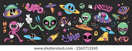 Set of 70s groovy element vector. Collection of cartoon character, doodle smile face, UFO, UAP, alien, spaceship, rocket, saturn. Cute retro groovy hippie design for decorative, sticker, kids. Royalty-Free Stock Photo #2363713245
