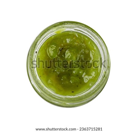 Green Jam Isolated, Sweet Kiwi Confiture in Glass Gar, Gooseberry Marmalade, Green Tomato Jam, Syrup Sauce, Green Marmalade on White Background