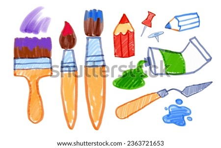 Felt pen vector illustrations collection of child drawings of art supplies brushes and paints