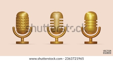 3D gold microphone on stand icon set. Podcast icon vector. Voice vector icon, Record. audio equipment, Broadcasts, and interviews. 3d vector illustration.