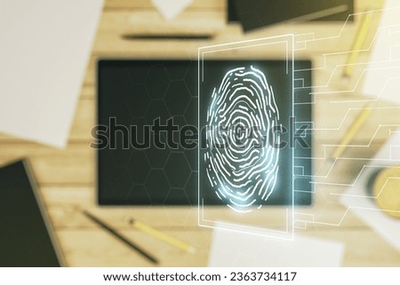 Double exposure of abstract creative fingerprint hologram and modern digital tablet on background, protection of personal information concept