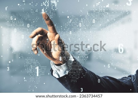 Multi exposure of programmer's hand working with abstract creative coding sketch and world map on blurred office background, artificial intelligence and neural networks concept