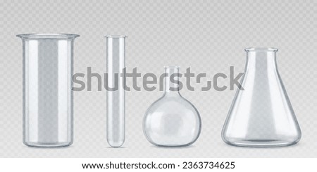 Realistic lab glassware set isolated on transparent background. Vector illustration of laboratory beaker, volumetric, conical flasks, tube for scientific experiment, containers for chemical substance Royalty-Free Stock Photo #2363734625